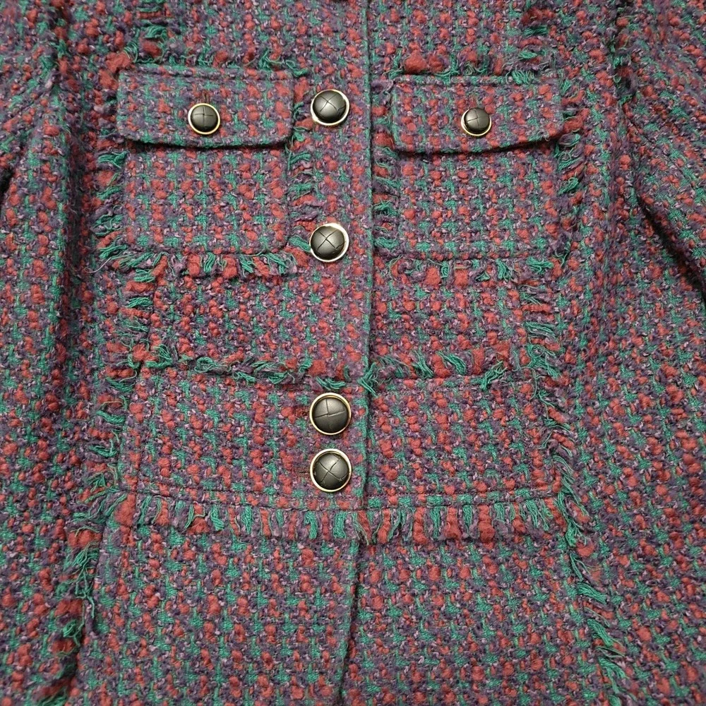 Tory Burch Burgundy Teal Tweed Frayed Trim Military Jacket Size‎ 4 Logo Buttons